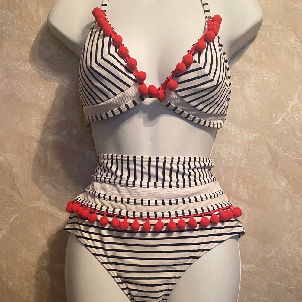 🔥 Striped Bikini Set with Red Accents